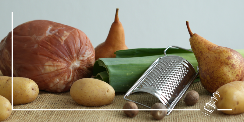 schweins nussschinkli mit karamelsierten birnen