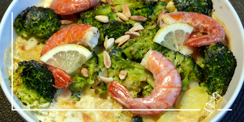 kartoffelgratin mit broccli und amndeln