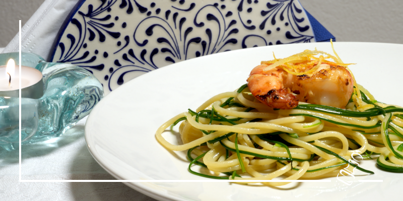 spaghetti mit moenchsbart und crevetten